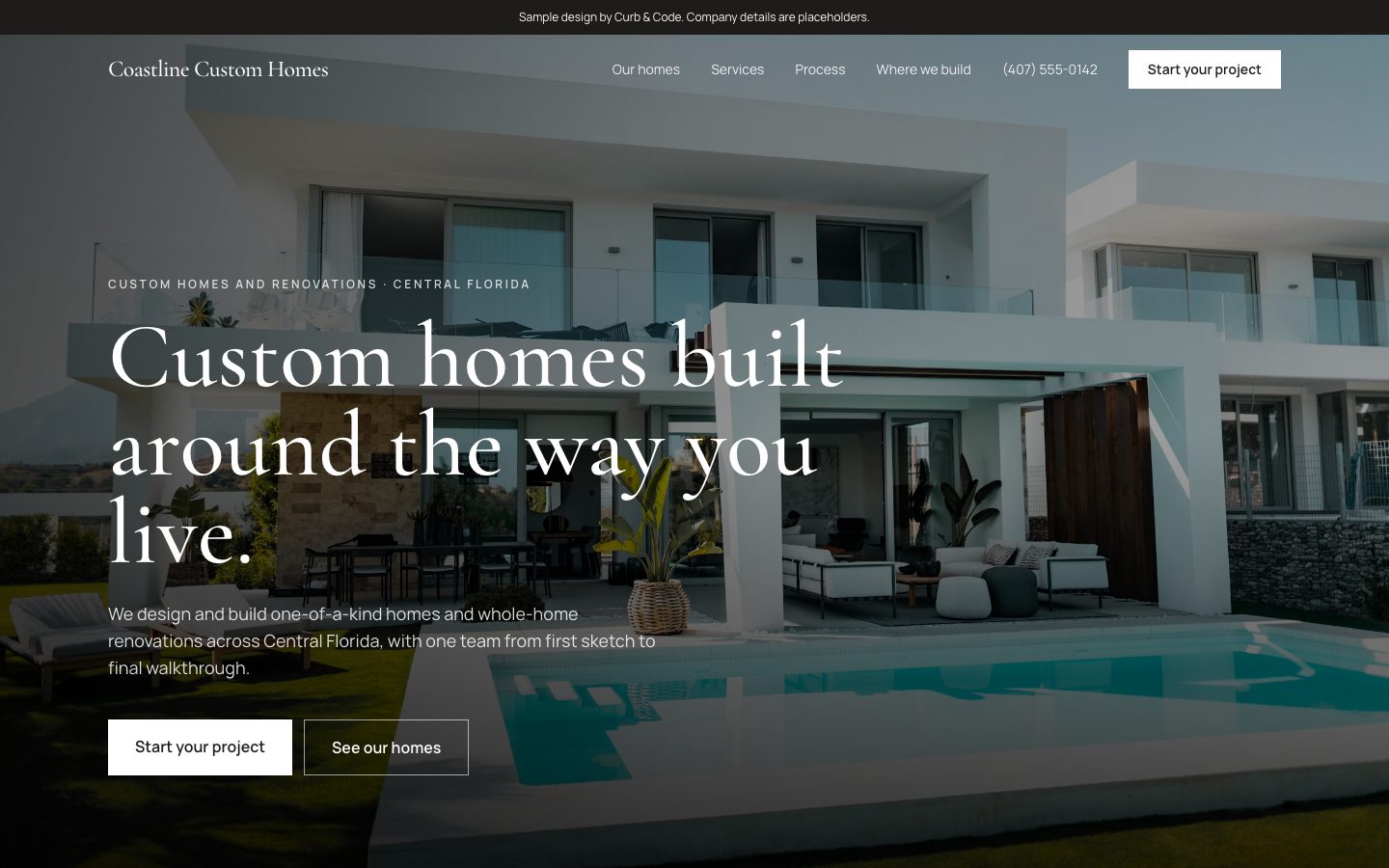 Sample builder website homepage designed by Curb & Code